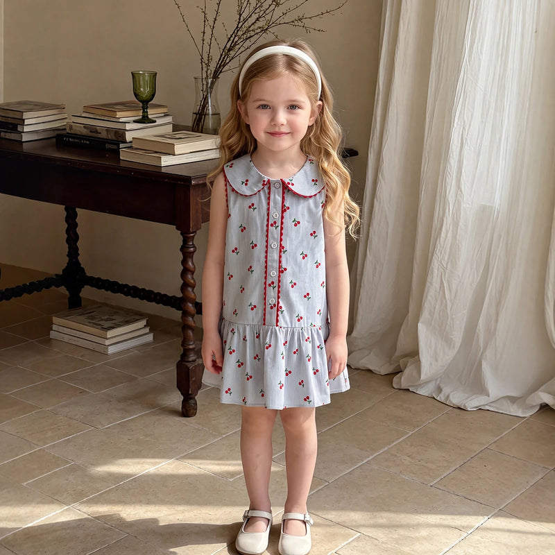 Girls Light Blue Cherry Print Peter Pan Collar Dress Casual Dresses