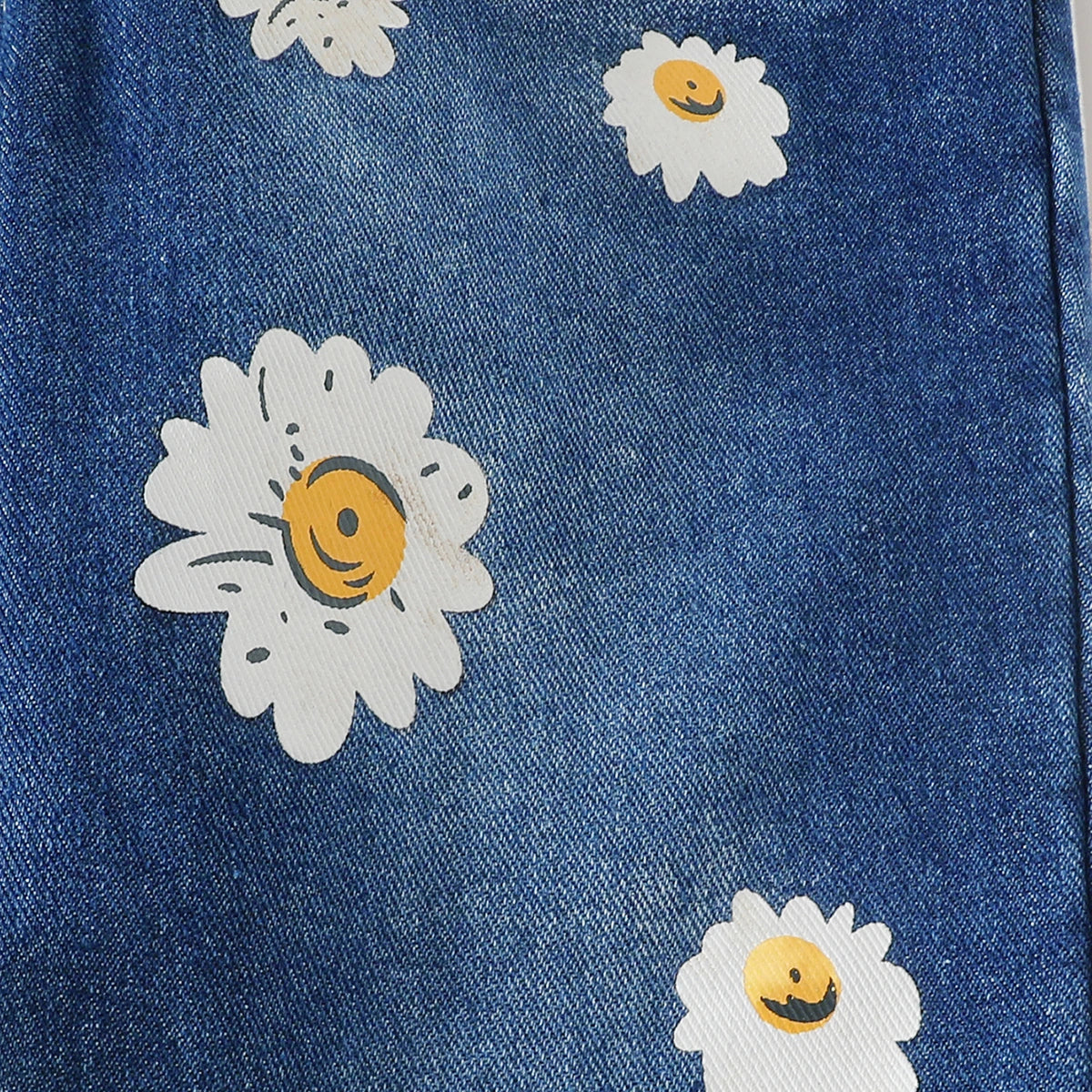 Girls Sky Blue Graphics Top With Floral Printed Denim Pants Set Sets