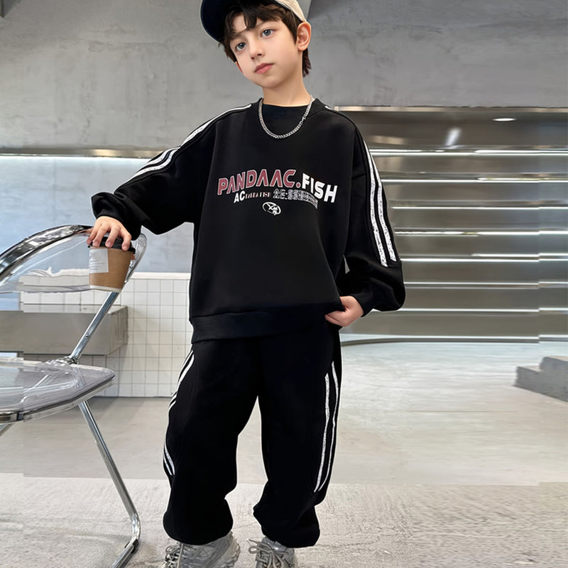 Boys Black Typographic Printed Sweatshirt With Joggers Winter Co-ord Sets 2 pc. Sets Black 5-6 Y
