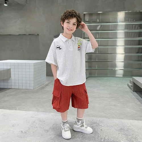 Boys White Panda Embroidered Polo T-Shirt With Shorts Sets Sets White 5-6 Y
