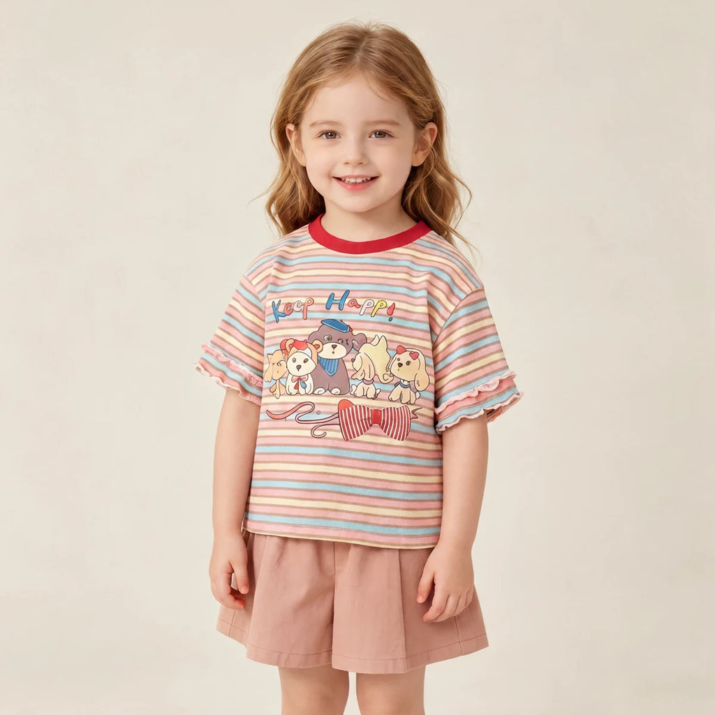 Girls Multicolor Puppy Striped Print Short Sleeve T-Shirt Tshirts