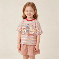 Girls Multicolor Puppy Striped Print Short Sleeve T-Shirt Tshirts