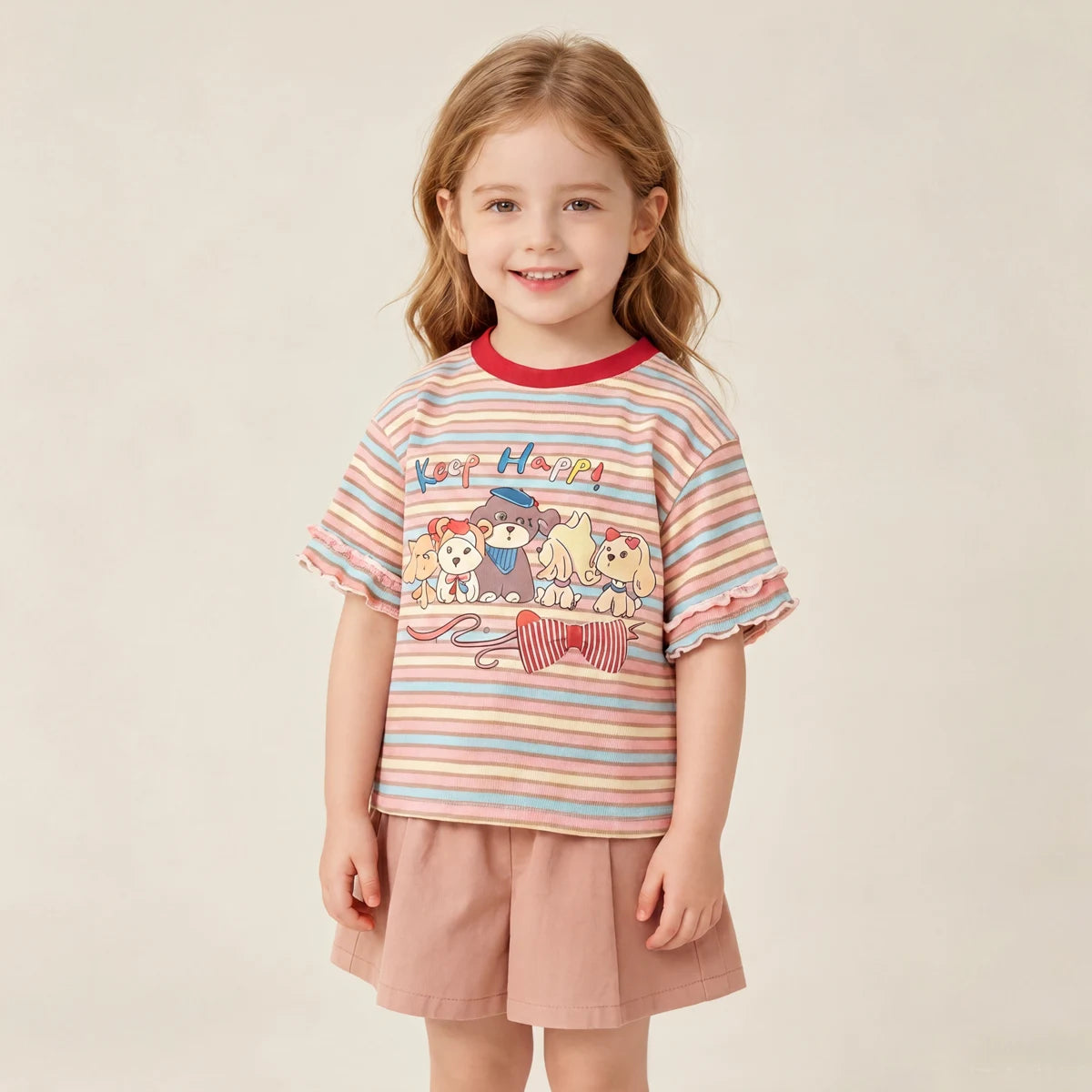 Girls Multicolor Puppy Striped Print Short Sleeve T-Shirt Tshirts
