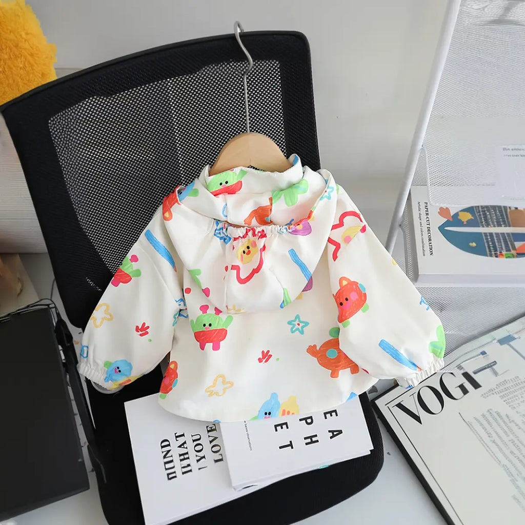 Girls Off White Printed Hooded Zipper Jacket Coats & Jackets