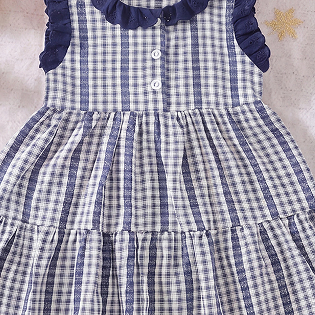 Girls Blue Checked Sleeveless Tiered Dress Casual Dresses