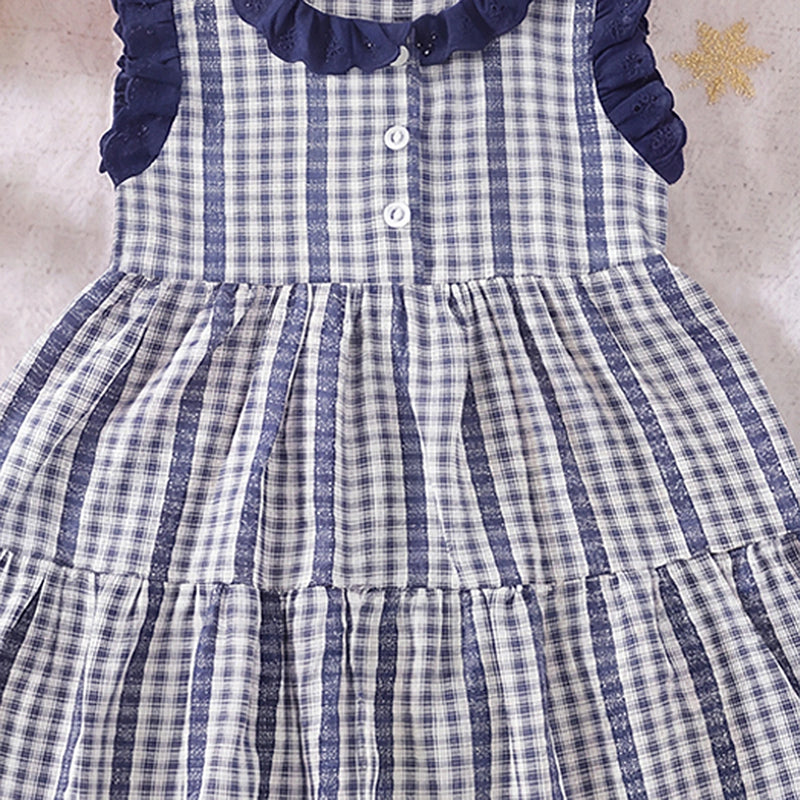 Girls Blue Checked Sleeveless Tiered Dress Casual Dresses