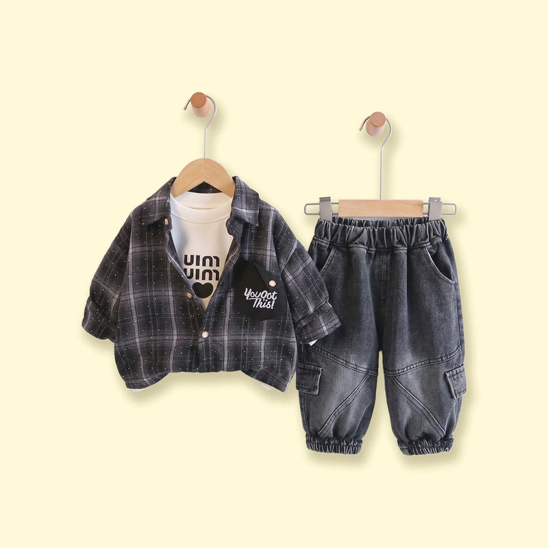 Boys Black Checked Shirt With T-Shirt And Denim Pants Sets 3 pc. Sets Black 1-2 Y