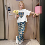 Girls White Heart Patched Summer T-Shirt With Checked Pants Set
