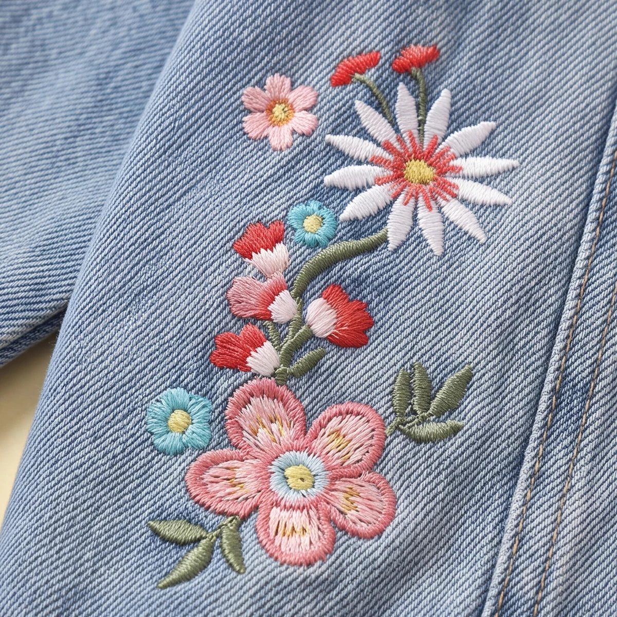 Girls Light Blue Floral Embroidered Denim Jacket Coats & Jackets