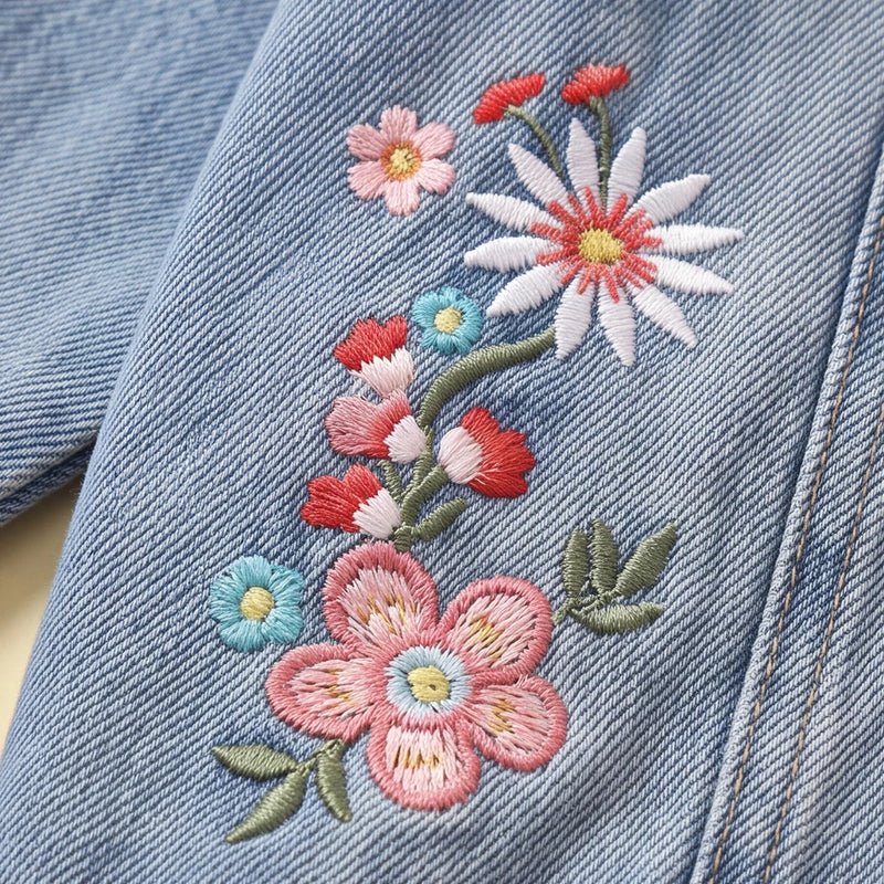 Girls Light Blue Floral Embroidered Denim Jacket Coats & Jackets