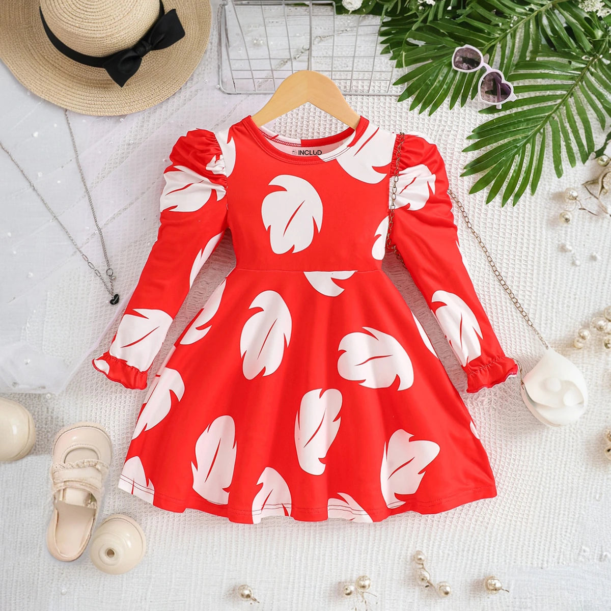 Girls Red Tropical Print Puff Sleeves Fit & Flare Dress Casual Dresses Red 3-4 Y