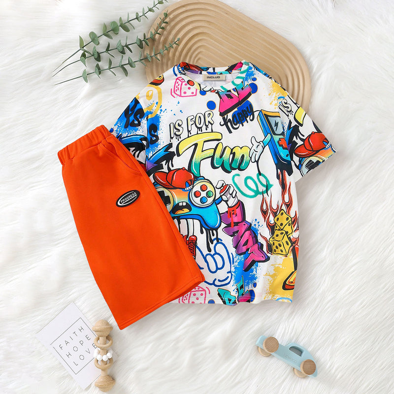 Boys Multicolor Abstract Printed Short Sleeves T-Shirt With Shorts set 2 pc. Sets Multicolor 7-8 Y