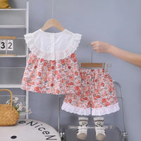 Girls Coral Floral Printed Eyelet Ruffle Top With Elasticated Shorts Sets 2 pc. Sets