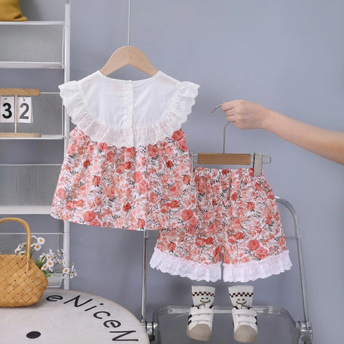 Girls Coral Floral Printed Eyelet Ruffle Top With Elasticated Shorts Sets 2 pc. Sets