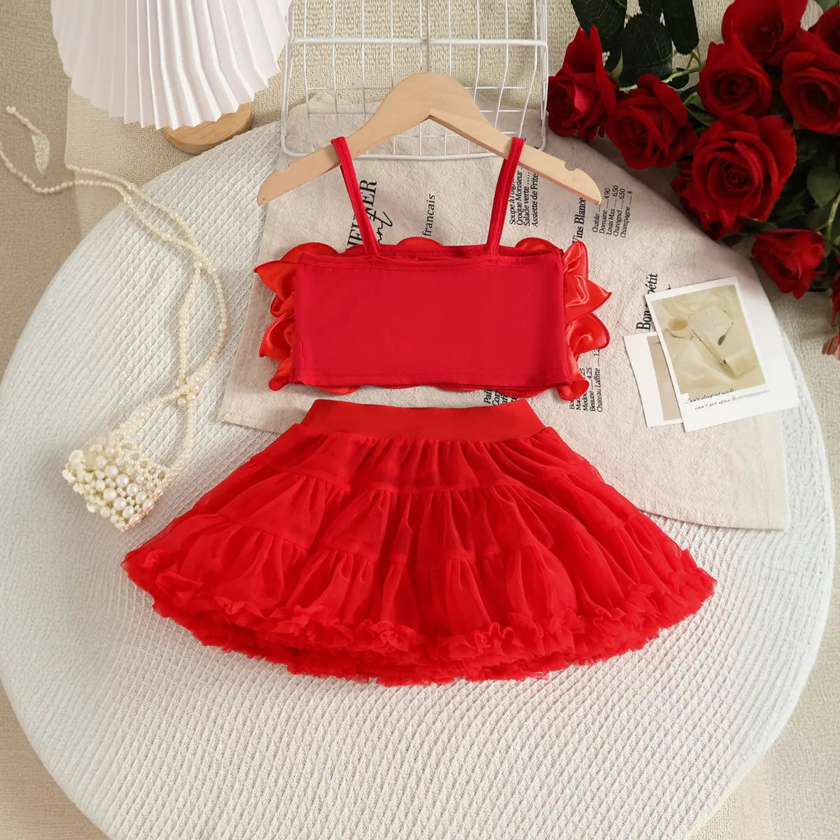 Girls Red 3D Floral Ruffle Top With Tiered Tulle Tutu Skirt Sets Sets