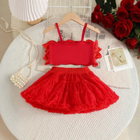 Girls Red 3D Floral Ruffle Top With Tiered Tulle Tutu Skirt Sets Sets