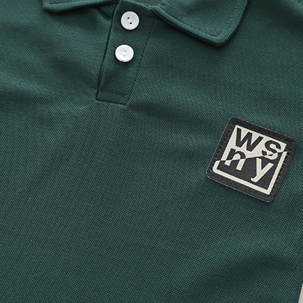 Boys Dark Green Typographic Printed Short Sleeve Polo T-Shirt With Shorts Sets 2 pc. Sets