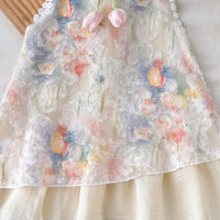 Girls Cream Floral Tulip Layered Dress Casual Dresses