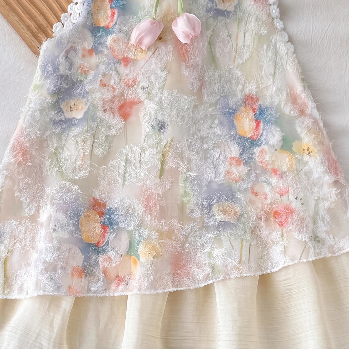 Girls Cream Floral Tulip Layered Dress Casual Dresses