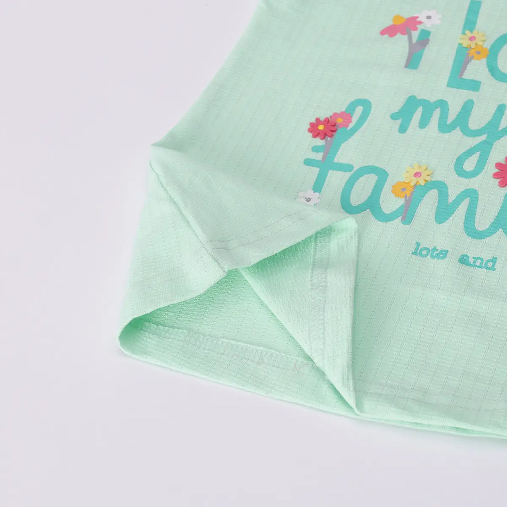 Girls Light Green Typographic Printed Top With Denim Shorts Sets 2 pc. Sets