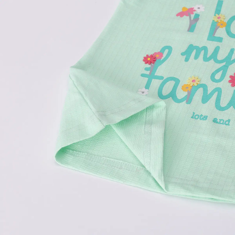 Girls Light Green Typographic Printed Top With Denim Shorts Sets 2 pc. Sets