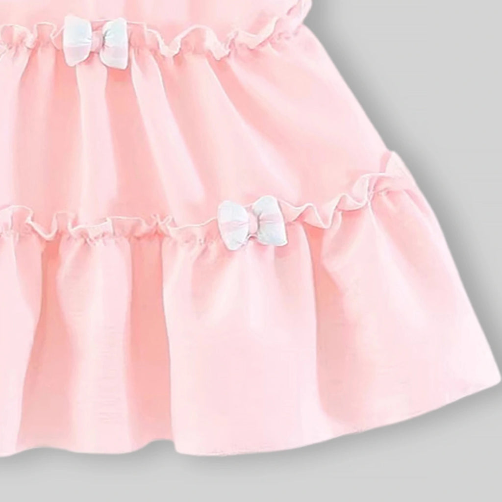 Girls Light Pink Tiered A-Line Dress With Bows Details Casual Dresses