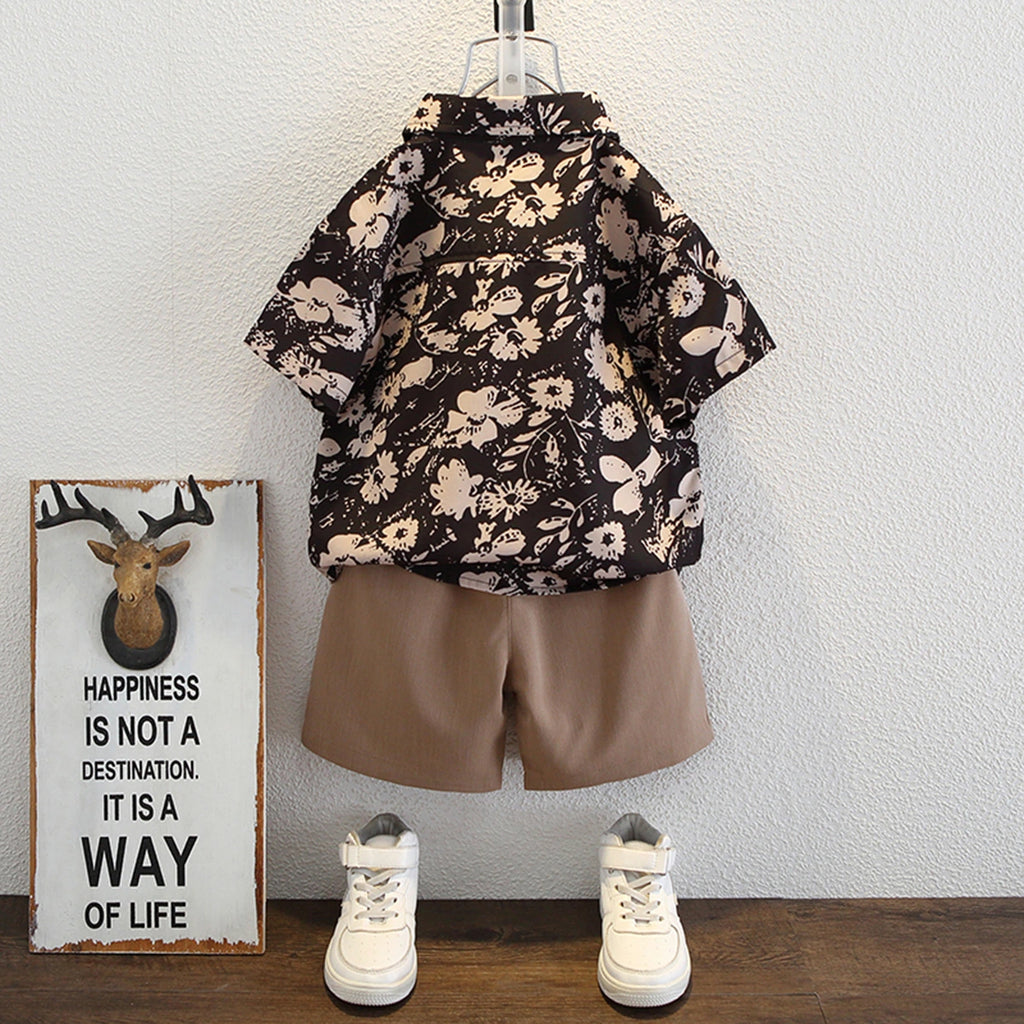 Boys Black Floral Print Button-Down Shirt With Shorts Set Sets