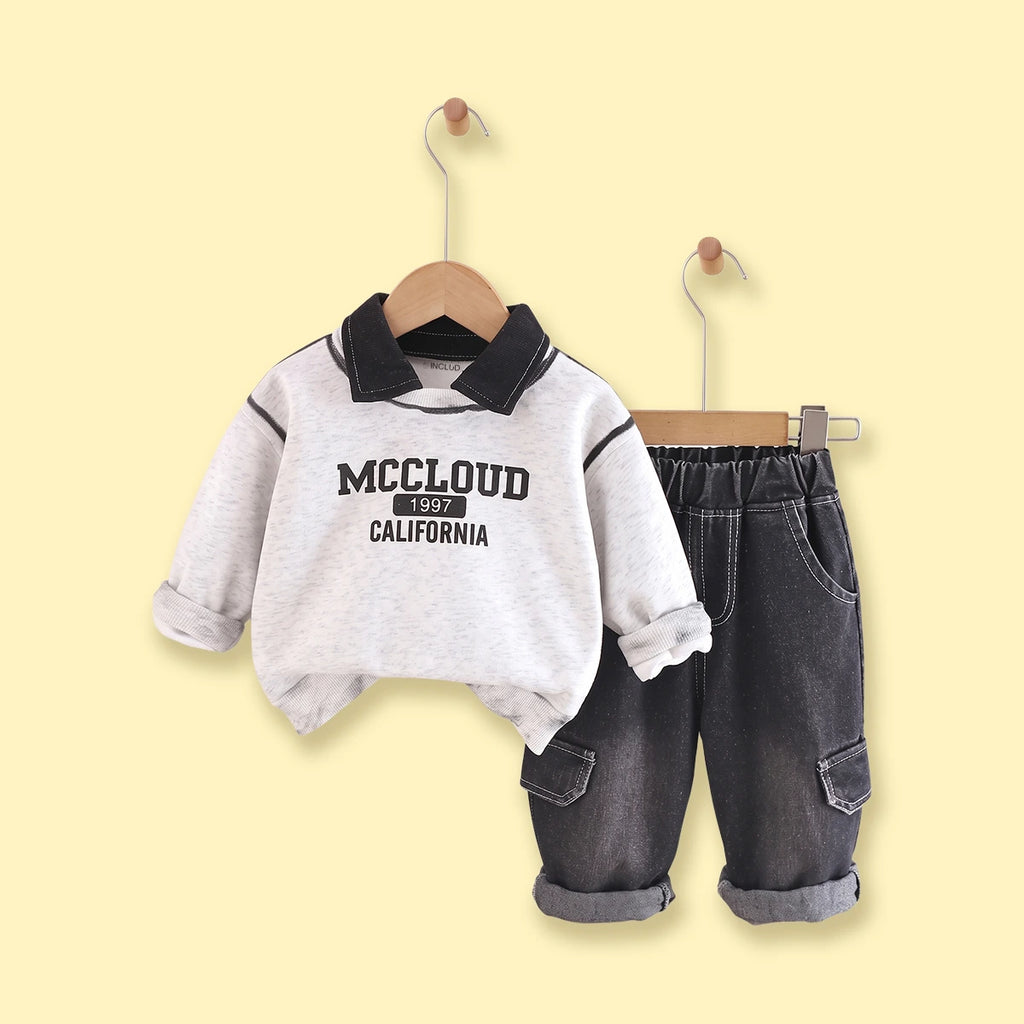 Boys Grey Typographic Polo Sweatshirt & Denim Pants Sets Sets Grey Melange 1-2 Y