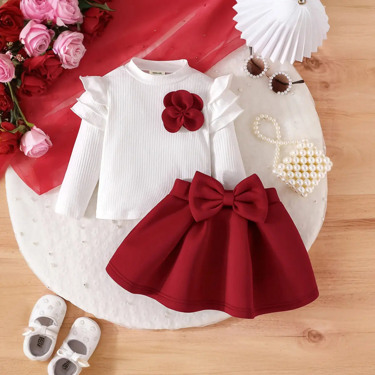 Girls Flower Appliqued Top With Red Pleated Skirt Sets Sets