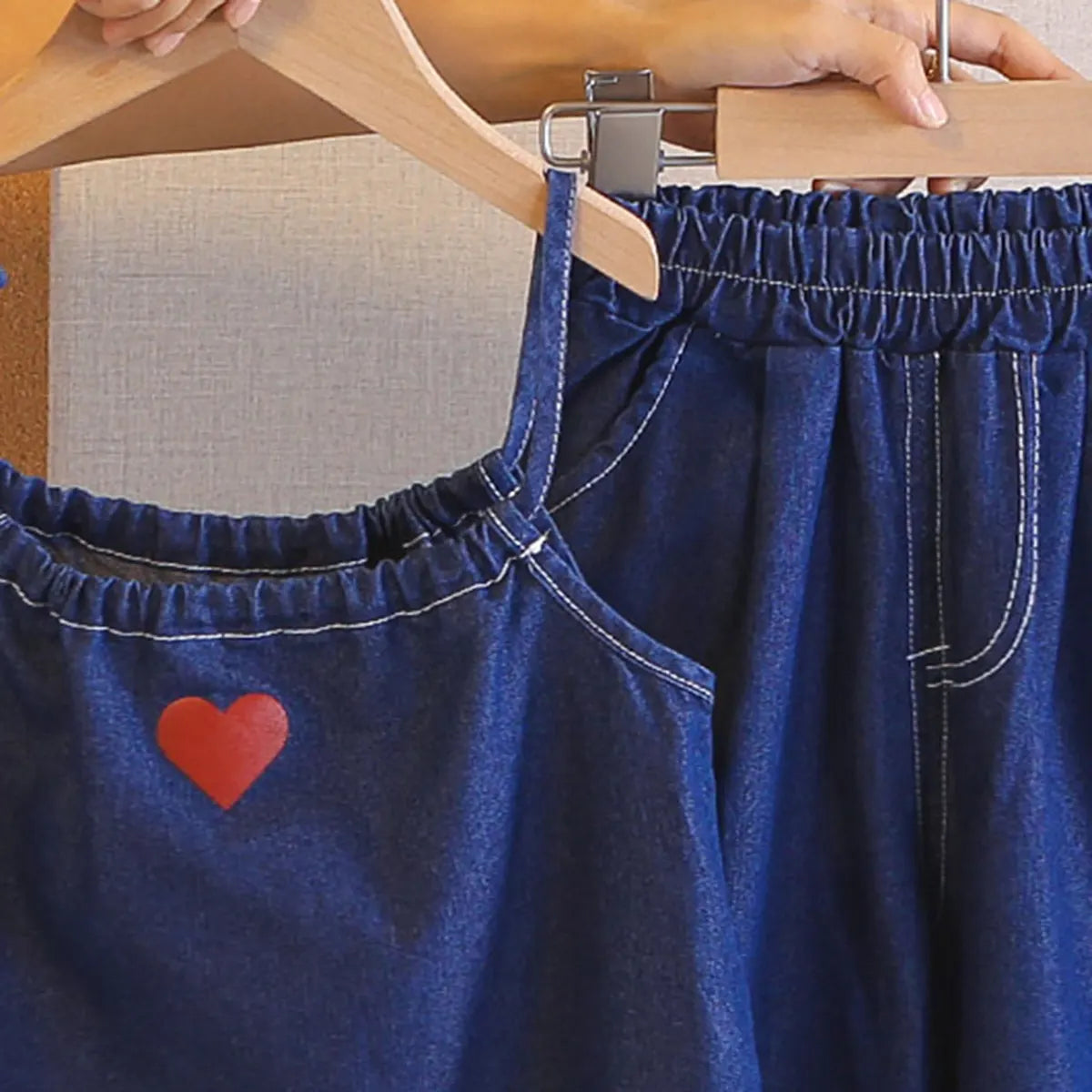 Girls Dark Blue Denim Heart Embroidered Top With Capri Sets Sets