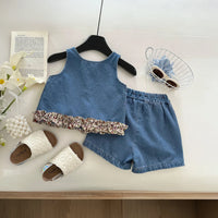 Girls Blue Sleeveless Ruffle Denim Top With Shorts Sets 2 pc. Sets
