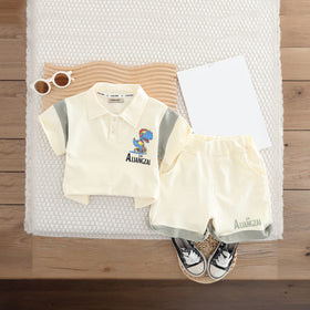 Boys Off White Cartoon Graphic Polo T-Shirts With Elasticated Shorts Set Sets