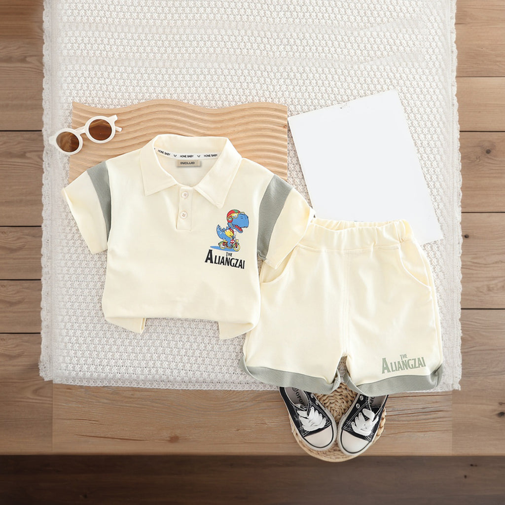 Boys Off White Cartoon Graphic Polo T-Shirts With Elasticated Shorts Set Sets