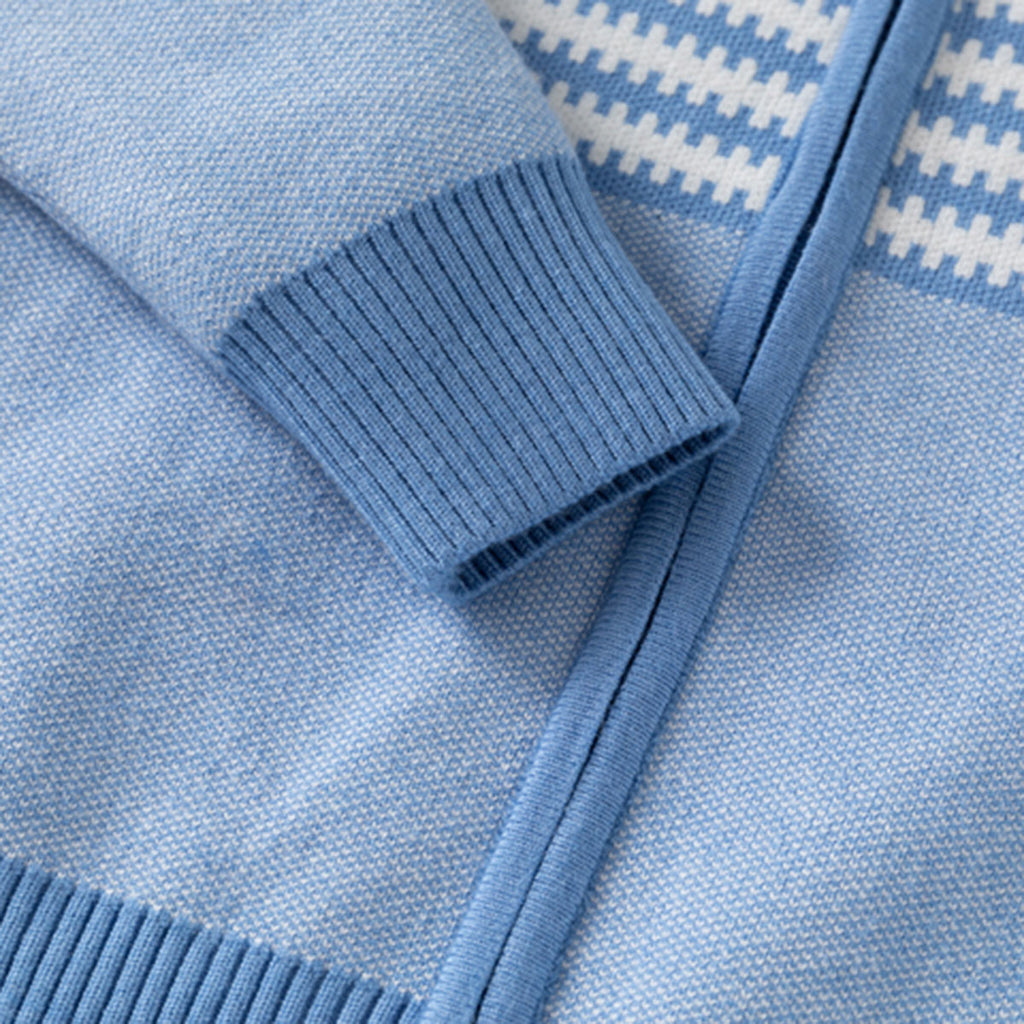 Boys Light Blue Front Zipper Cardigan With Self-Design Stripe Patterns Sweaters & Cardigans