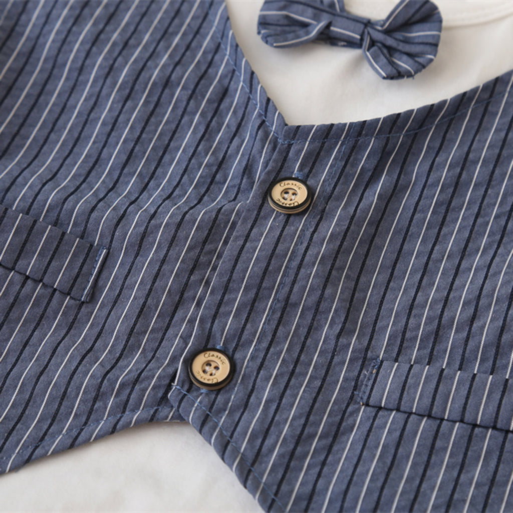 Boys Blue Striped Shorts with Short Sleeves T-shirt with attached Waistcoat Set Sets