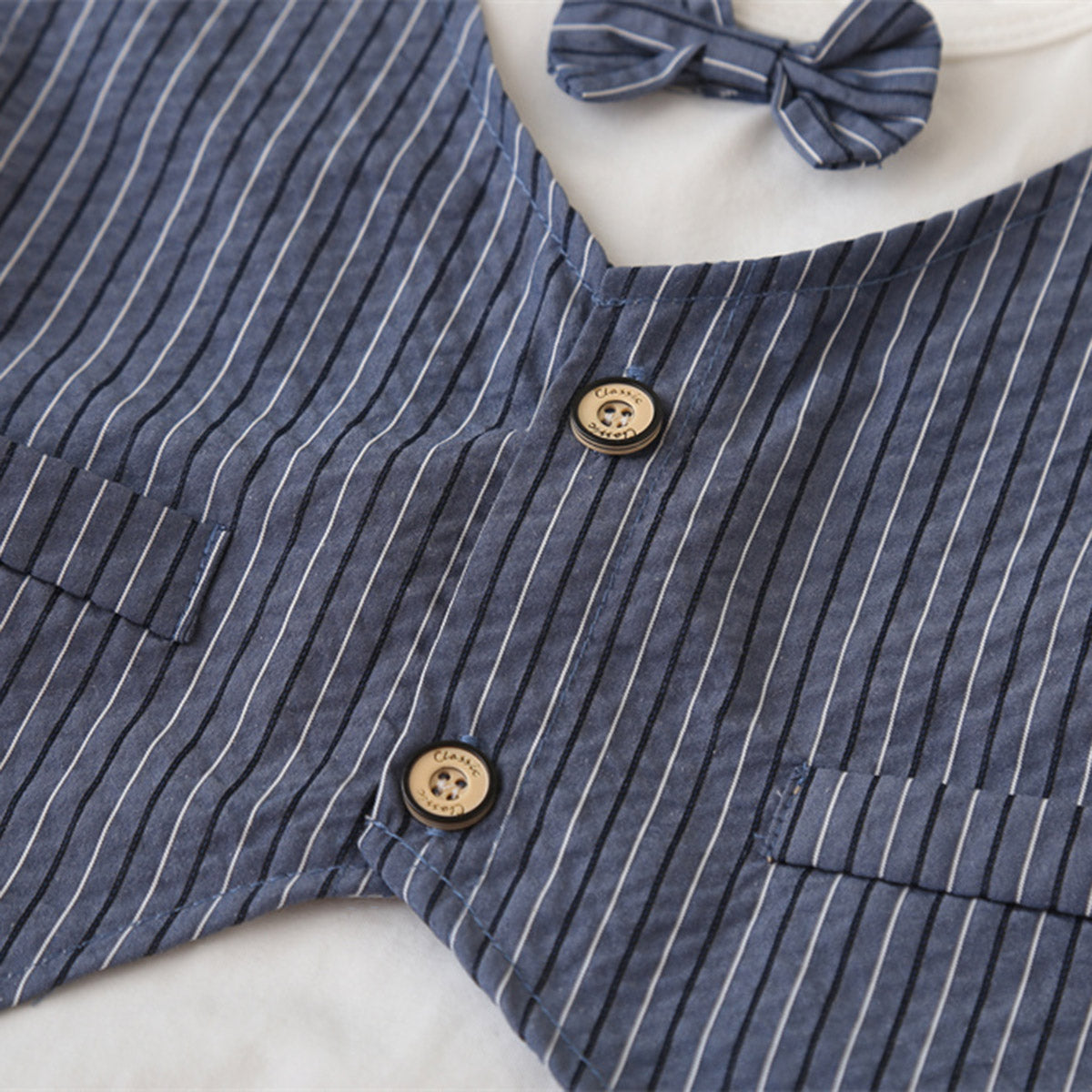 Boys Blue Striped Shorts with Short Sleeves T-shirt with attached Waistcoat Set Sets