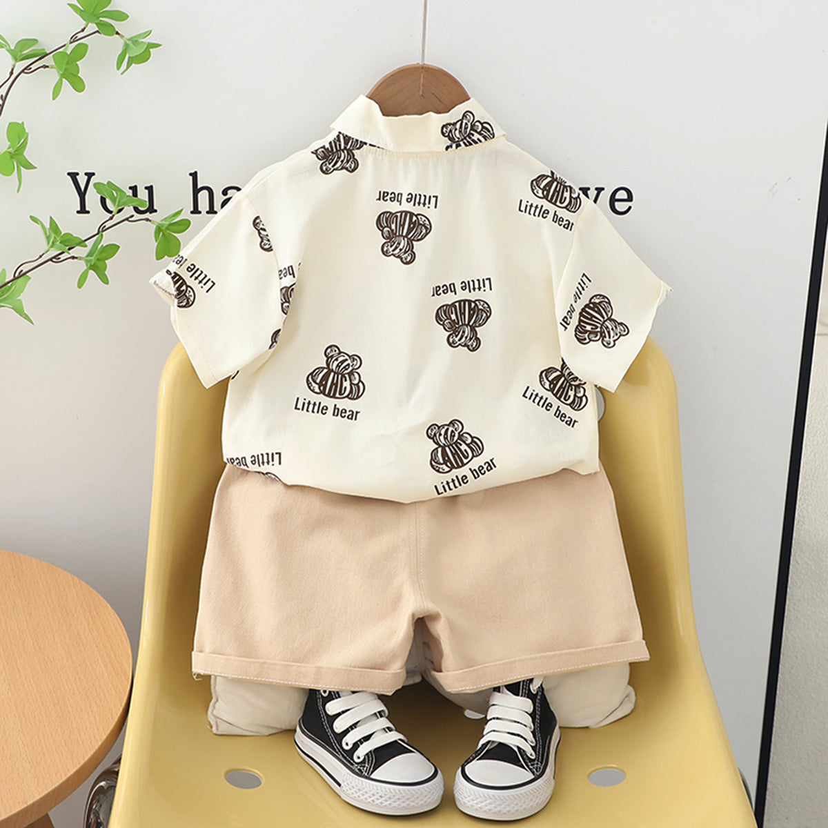 Boys Off White Bear Printed Short Sleeve Shirt With Elasticated Shorts Set Sets