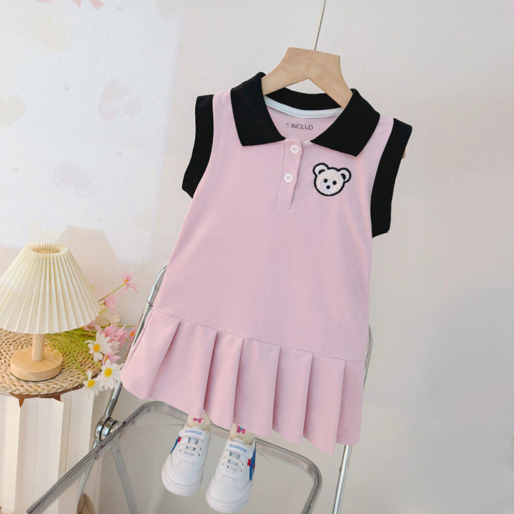 Girls Pink Bear Applique Sleeveless Drop Waist Dress Casual Dresses Pink 1-2 Y