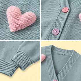 Girls Light Blue Heart Applique Long Sleeve Cardigan Sweaters & Cardigans