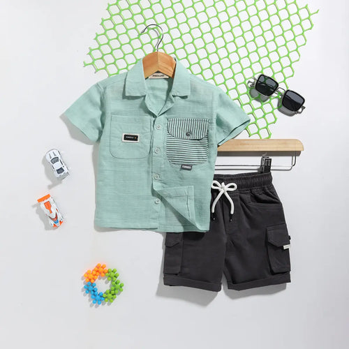 Boys Green Checked Short Sleeves Shirt With Shorts Sets Sets Green 0-1 Y