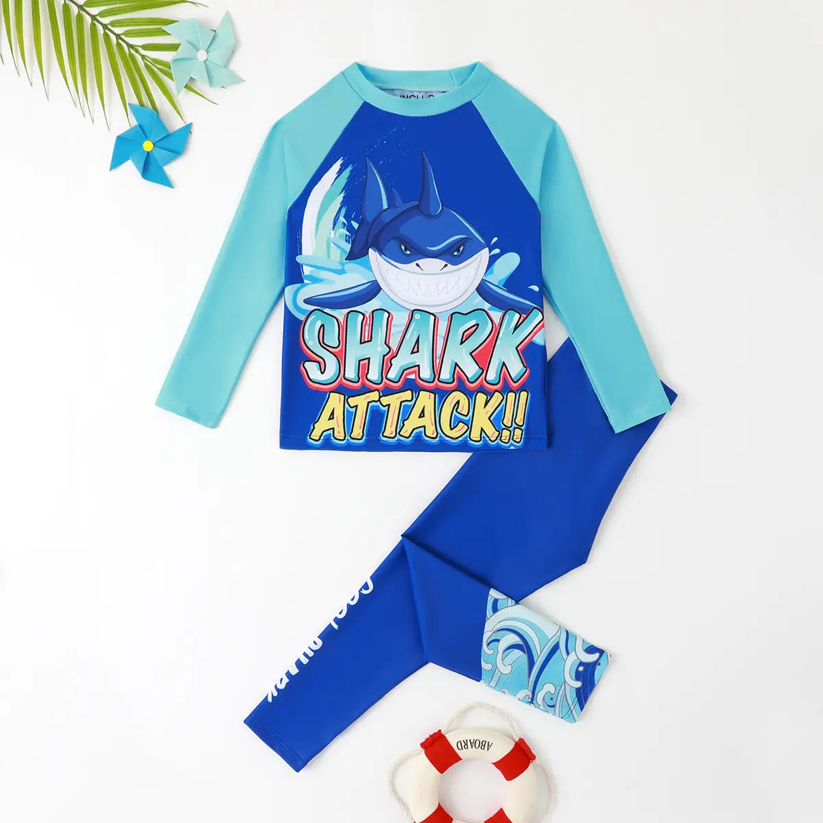 Boys Blue Shark Print T-Shirt & Swim Pant Swimwear Sets Beachwear Blue 3-4 Y