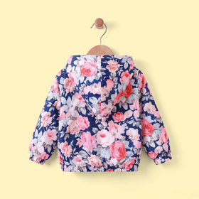 Girls Navy Blue Floral Print Long Sleeve Hooded Jacket Coats & Jackets