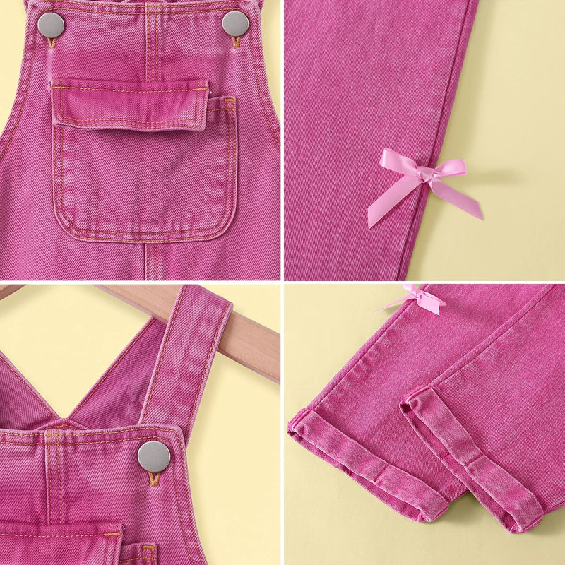 Girls Fuchsia Denim Bow Applique Dungaree Jumpsuits