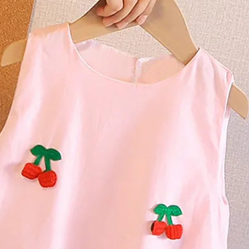 Girls Light Pink Cherry Applique Sleeveless Balloon Dress Casual Dresses