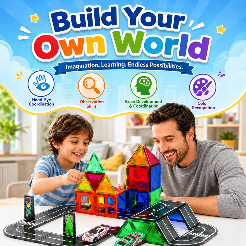 Multicolour 3D Magnetic Tiles Construction Vehicle Set with Road Tracks Trending Accessories