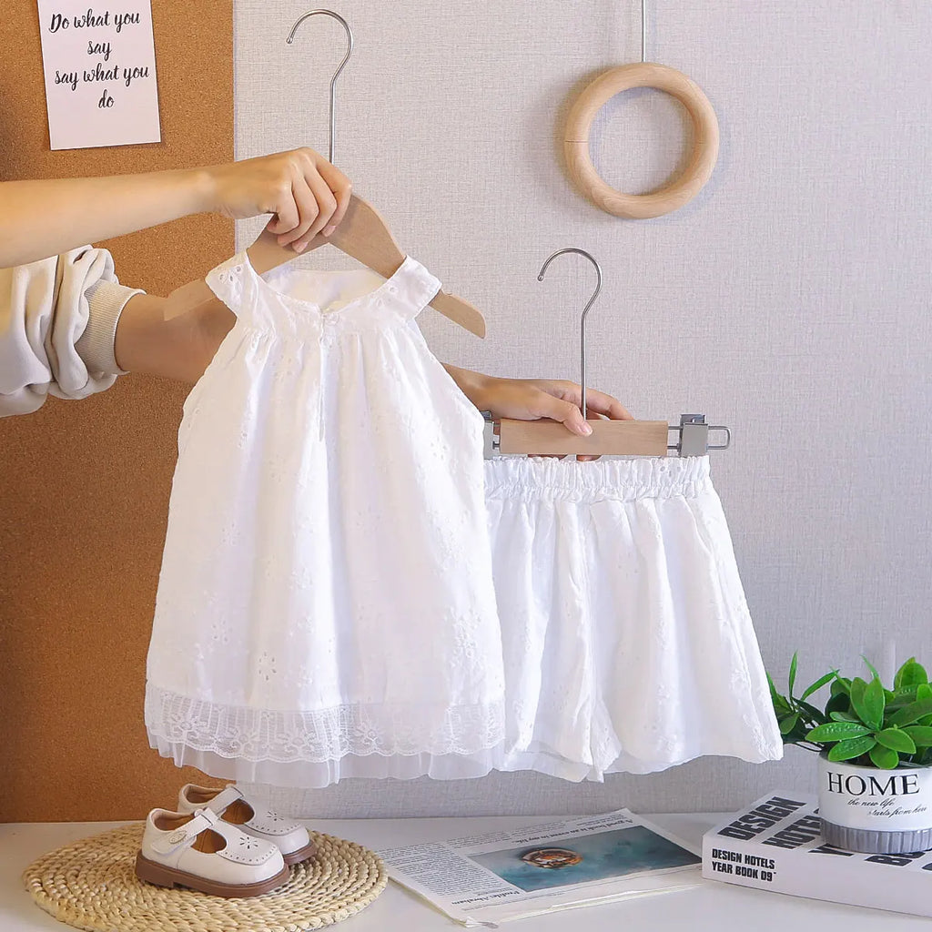 Girls White Schiffli Sleeveless Top With Shorts Co-ord Sets Sets