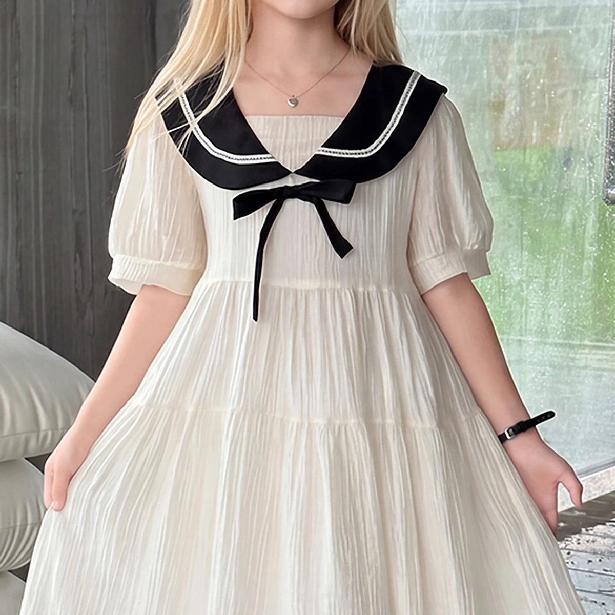 Girls Cream Puff Sleeve Tiered Dress Casual Dresses