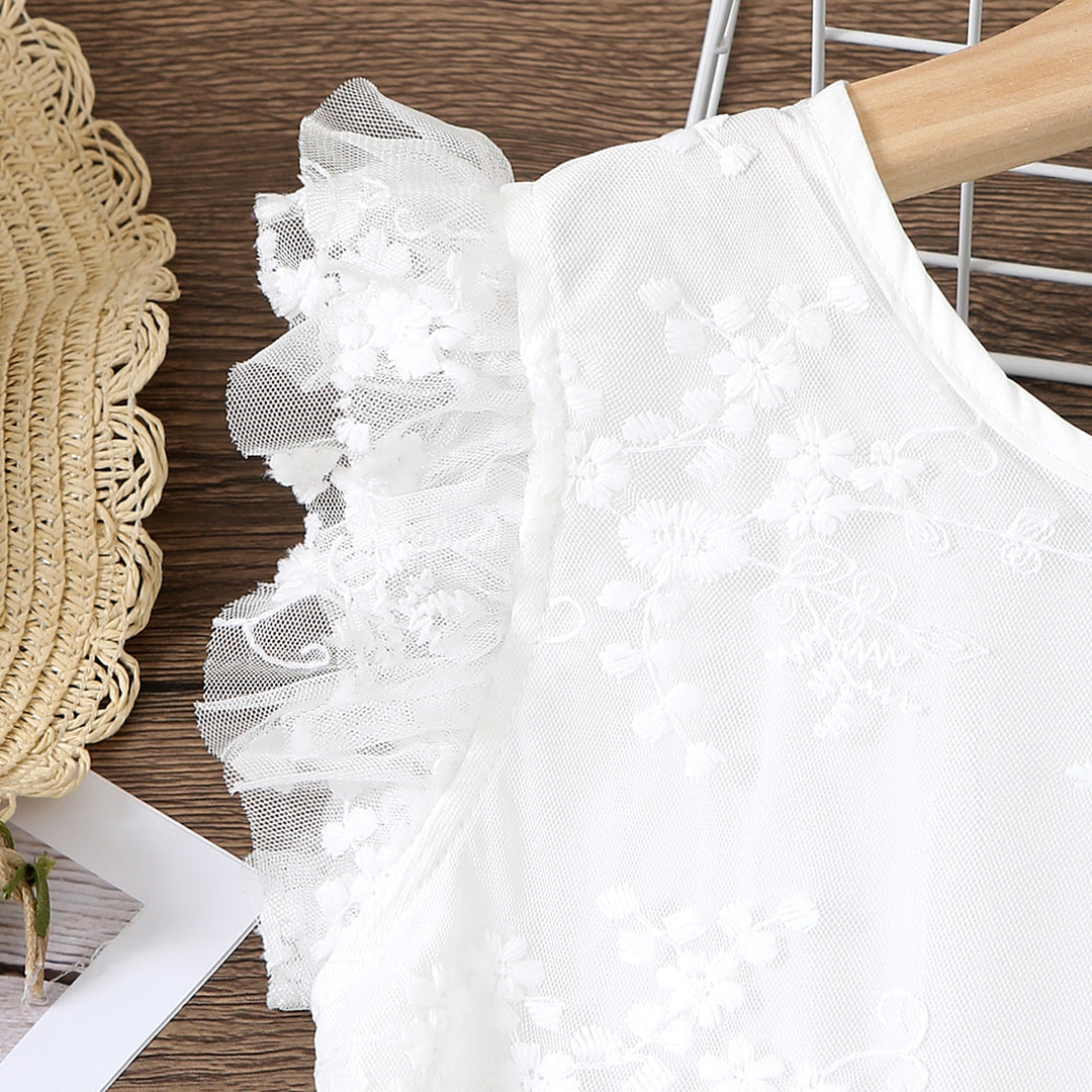 Girls White Sleeveless Fit & Flare Embroidered Dress Casual Dresses