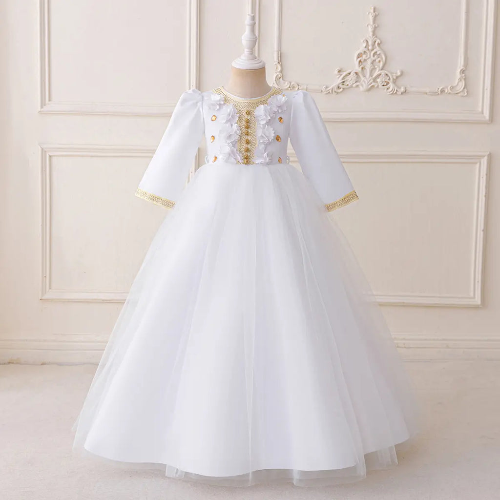 Girls White Embellished Fit & Flare Dress With Flower Appliques Casual Dresses White 3-4 Y