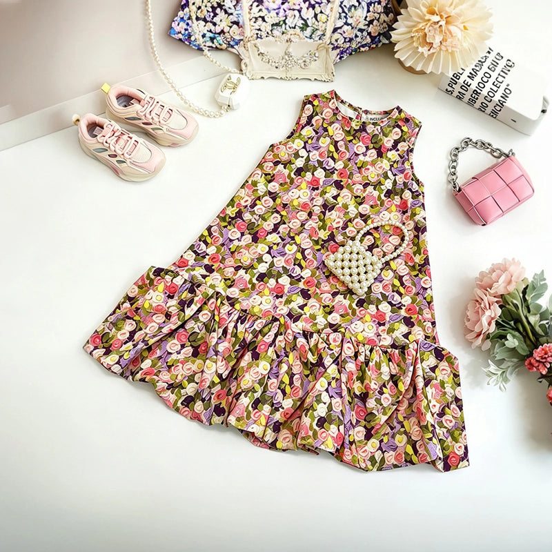 Girls Multicolor Floral Printed Sleeveless Balloon Dress Casual Dresses Multicolor 1-2 Y